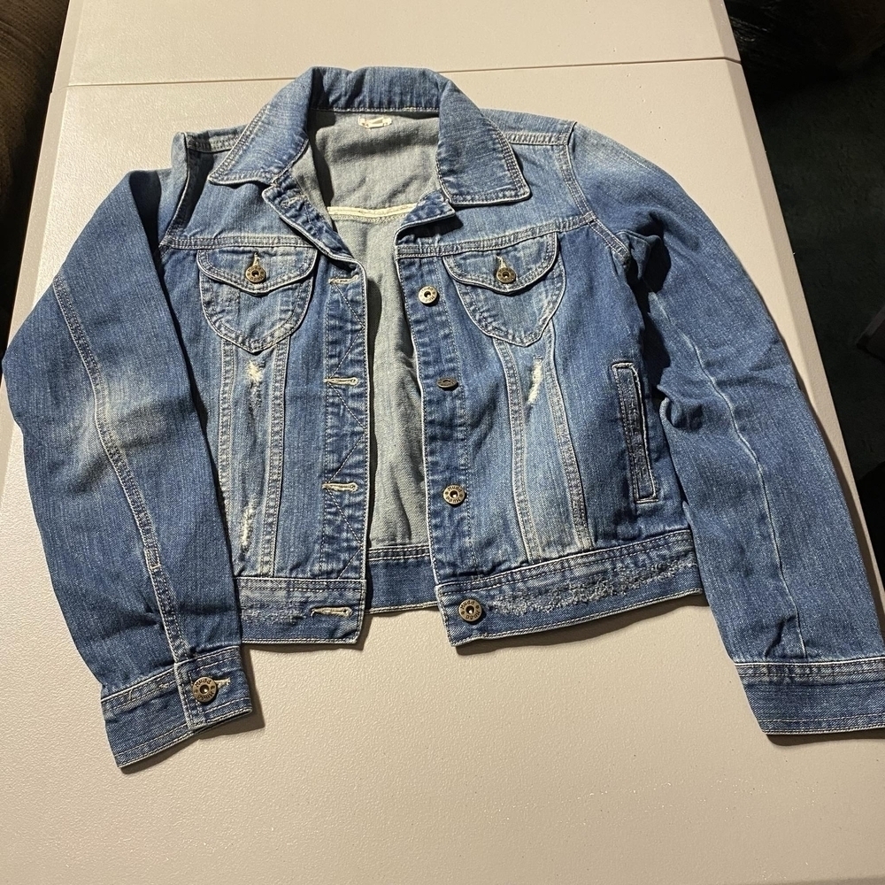 Vintage Mudd Blue Denim Jean Jacket Junior's Small S Distressed Sandblasted EUC